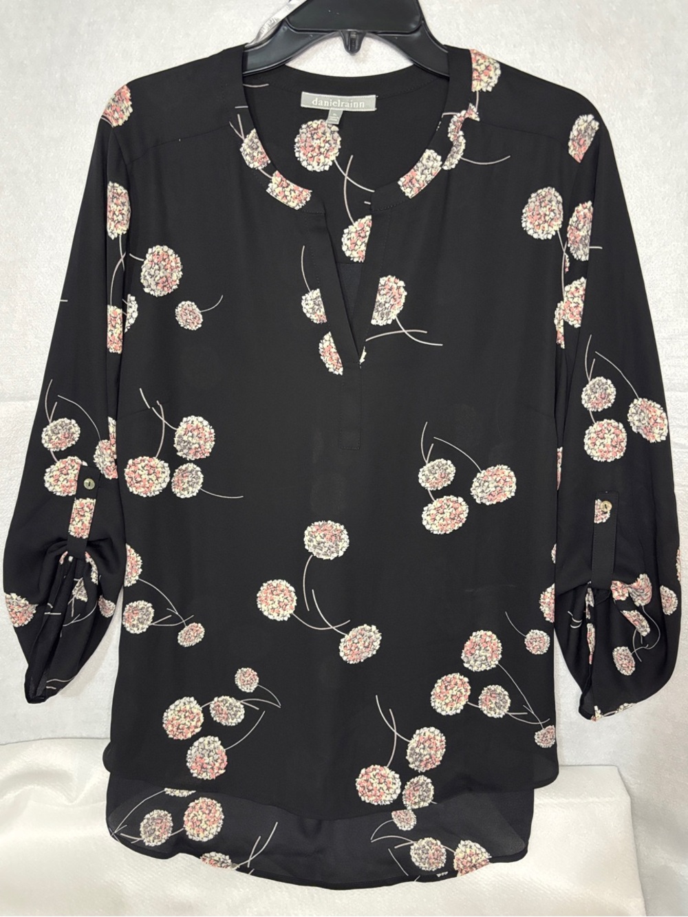 Daniel Rainn Black Floral Split-Neck Blouse with Pink, Gray, & Cream Blooms Lg